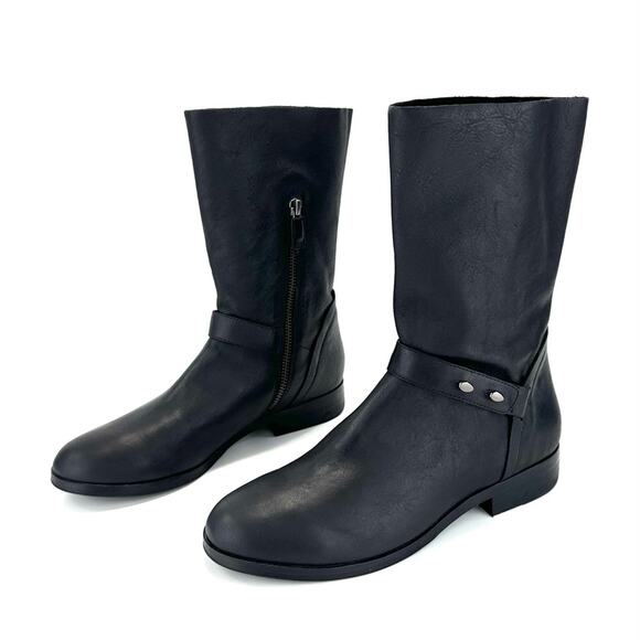 Eileen Fisher Nova Black Moto/Biker Boot Size 7.5 Soft Leather Mid-Calf Low Heel - Picture 1 of 13